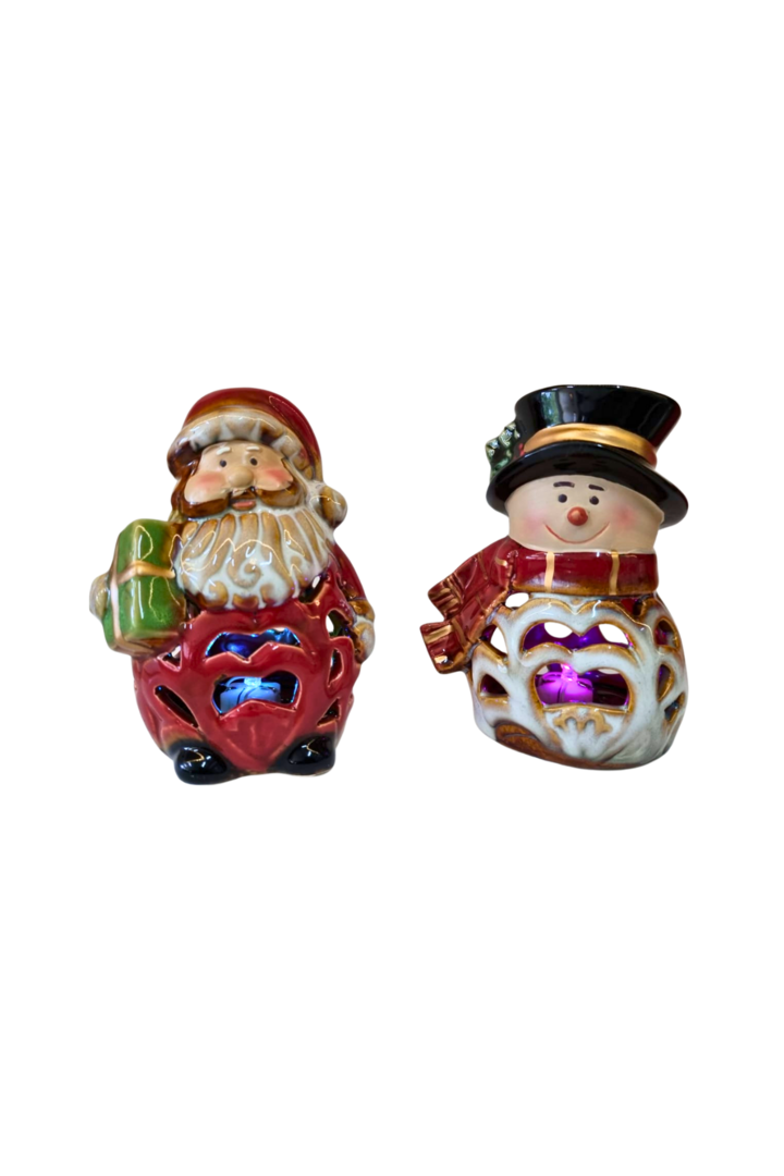 Papai noel e boneco de neve porcelana c luz 1